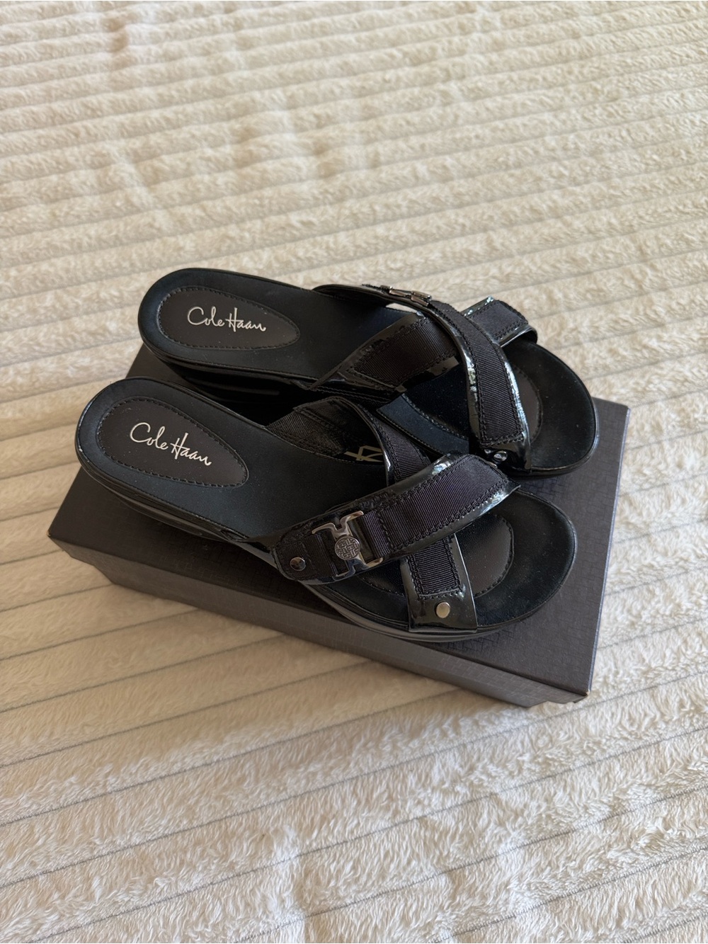 Cole Haan Black Leather Crisscross Slide Mules with Buckle 👠👠👠